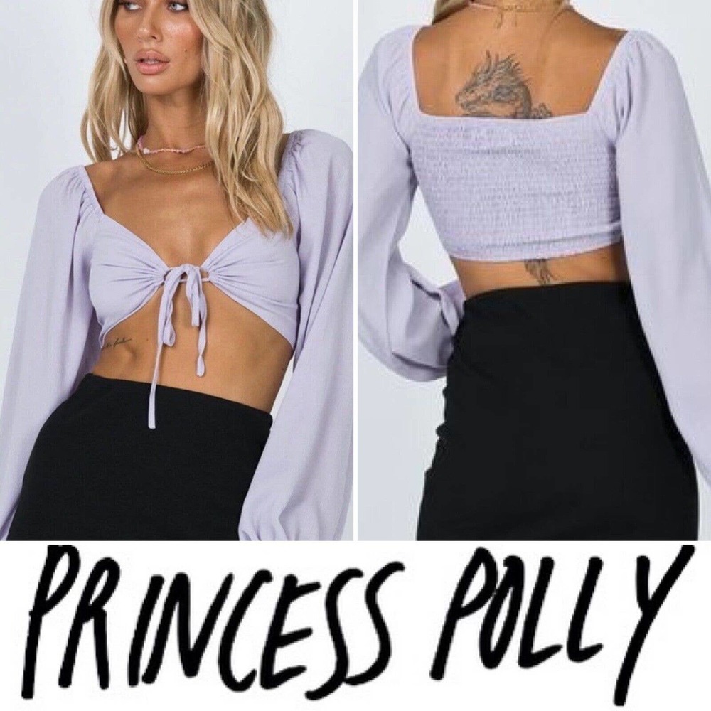 NWT Princess Polly Syliva Long Sleeve Purple Crop Top Long Sleeve Size 6